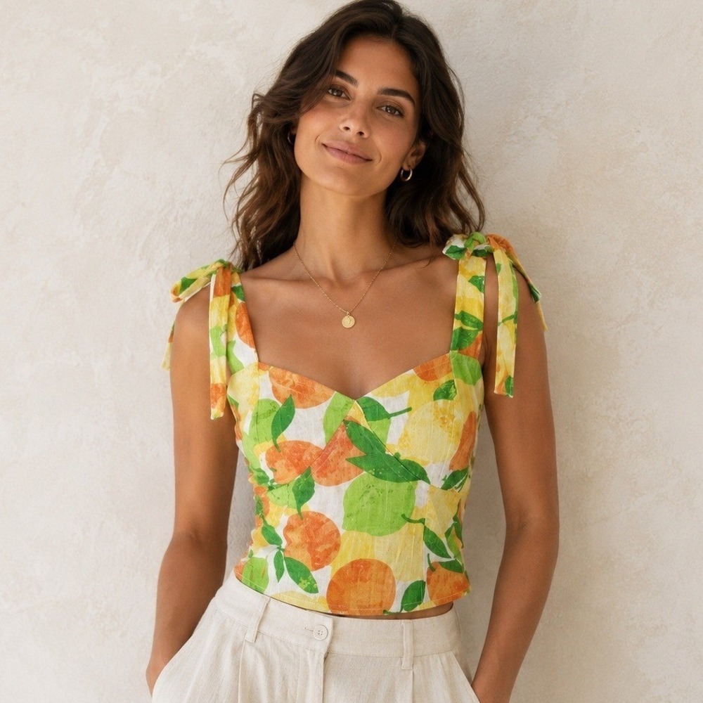 Rose + Olive Tank Top Crop Citrus Fruit Print Tie Shoulder Italian Summer Medium